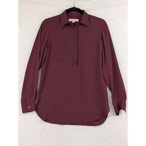 LOFT Womens Burgundy Wine Long Sleeve Utility Blouse Hidden Button Front XS
